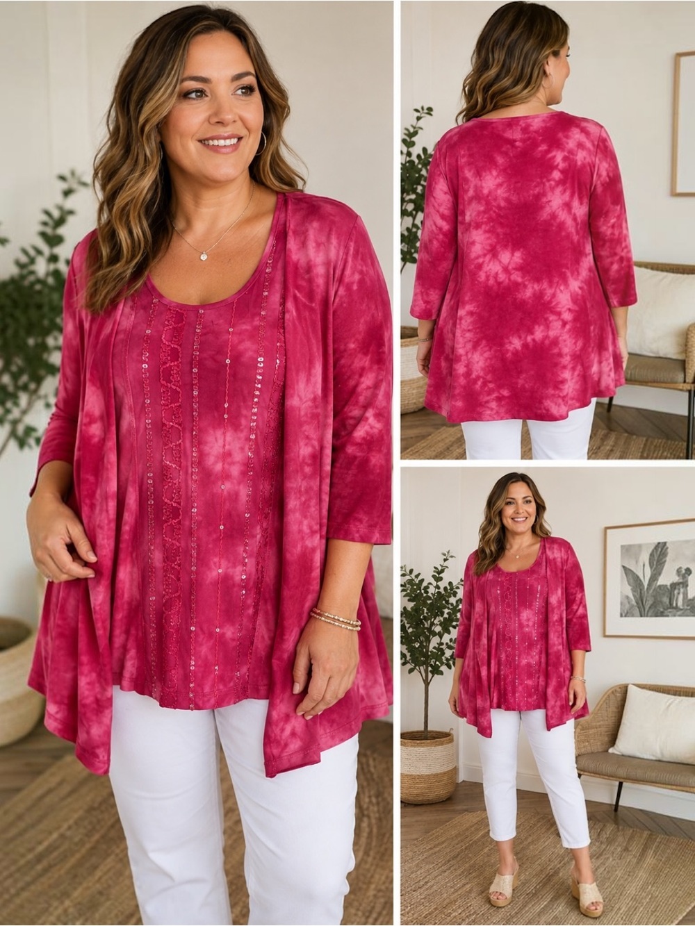 Catherines 1X Berry Tie Dye Layered Look Tunic Top Faux Cardigan Sequin Plus